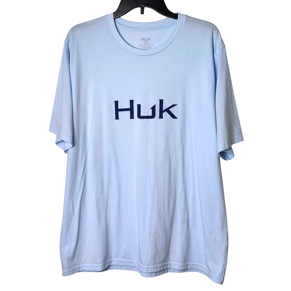 HUK SPELLOUT LOGO TEE‎ SHIRT MENS XL ICE WATER BLUE SOFT USA COTTON